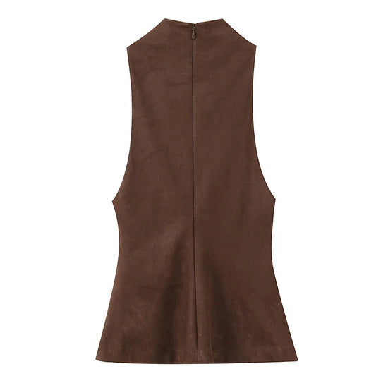 Women Top 2025 New Fashion Suede Short Tops For Women Office Commute Elegant Chic Vest Personality Casual Slim Waistcoat Top
