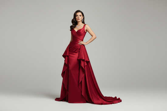 A woman wearing a beautiful red gown in a studio
