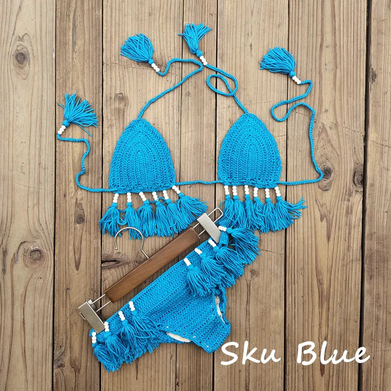 Handmade Crochet Bikini Set Laca Lita and Tassels Bead Women Swimwear Swimsuit