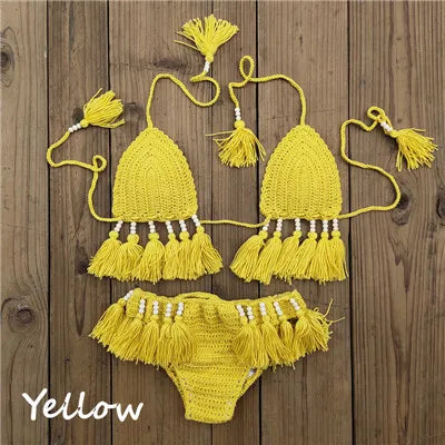 Handmade Crochet Bikini Set Laca Lita and Tassels Bead Women Swimwear Swimsuit