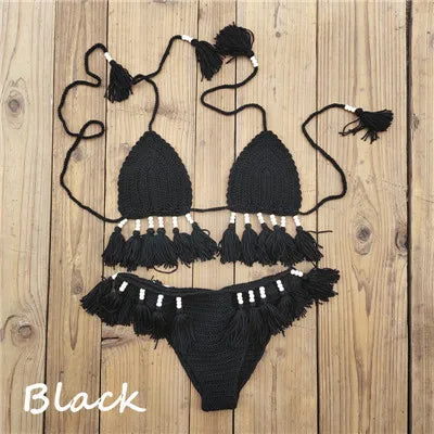 Handmade Crochet Bikini Set Laca Lita and Tassels Bead Women Swimwear Swimsuit