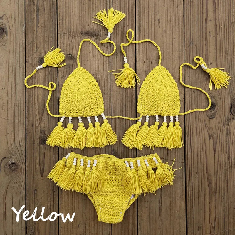 Handmade Crochet Bikini Set Laca Lita and Tassels Bead Women Swimwear Swimsuit