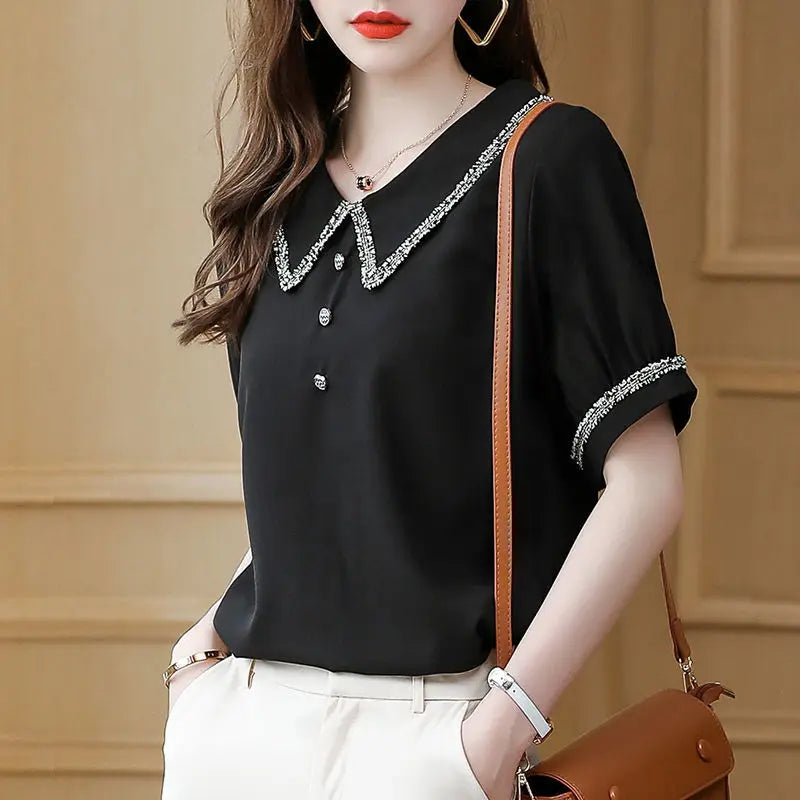 Top for Woman Office Outfits Clothing Black Women's Shirts and Blouses Chiffon Wear To Work Formal Collar Short Sleeve New 2025