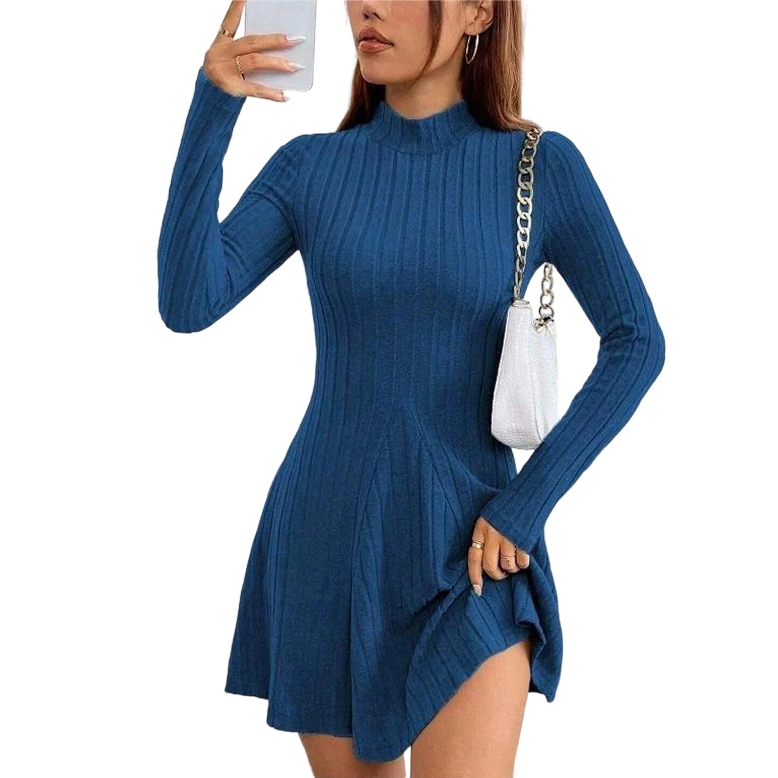 Women's Dresses Fall Winter Simple Solid Color Long Sleeve Mock Neck A Line High Waisted Flare Hem Casual Short Dresses 2025