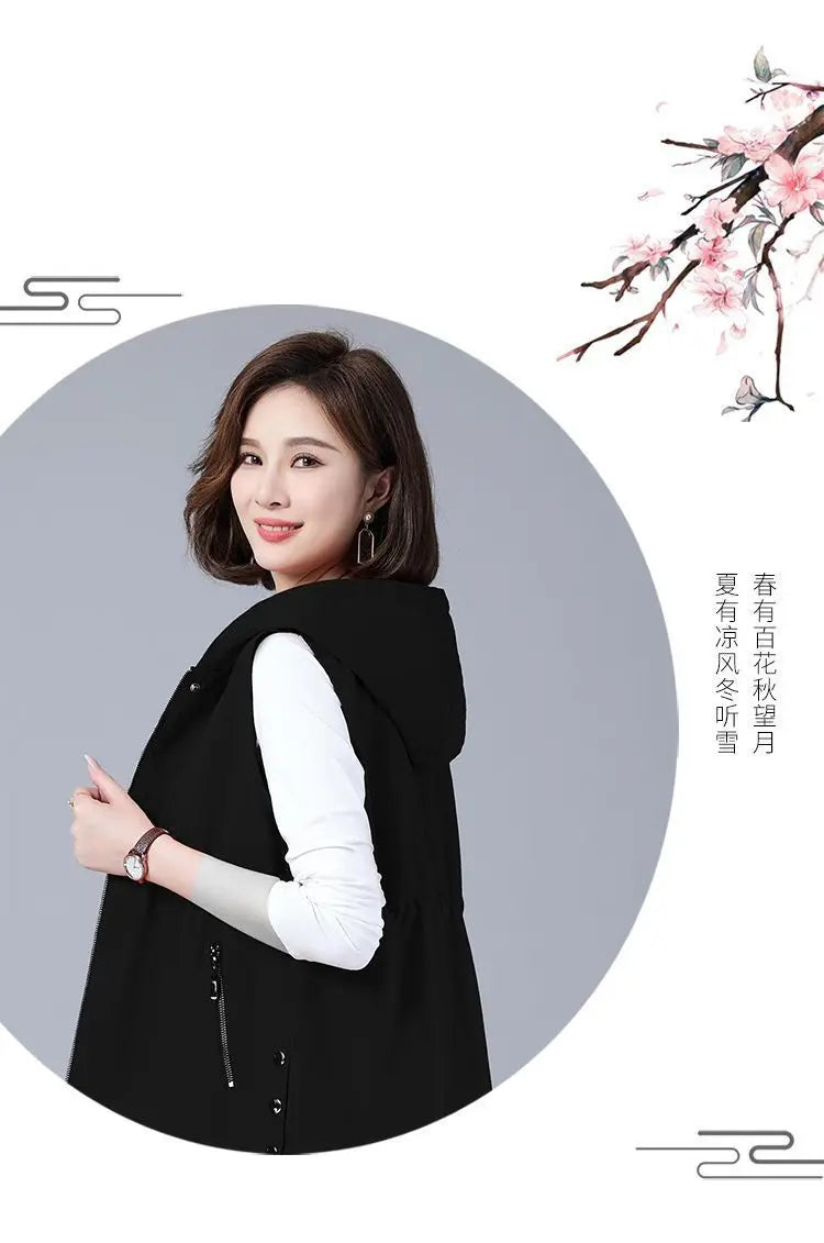 Vest Jacket Women Long Waistcoat Outerwear 2025 New Spring Autumn Middle Aged Loose Sleeveless Hooded Casual Khaki Black Tops