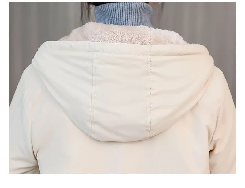 Add Velvet Padded Coat Women 2025 Winter Hooded Outerwear Ladies Warm Cotton-Padded Jacket New Fashion Overcoat Short Female Top