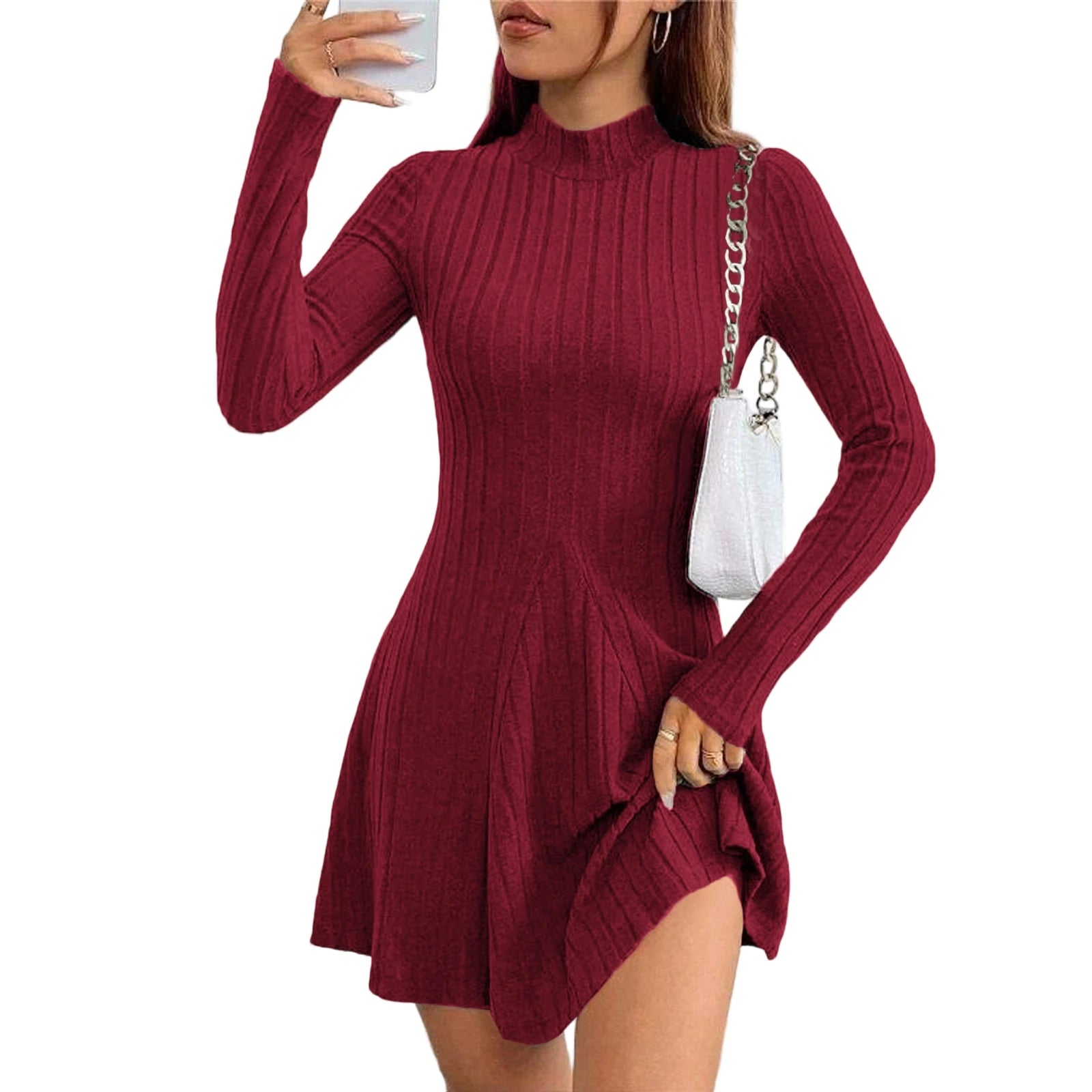 Women's Dresses Fall Winter Simple Solid Color Long Sleeve Mock Neck A Line High Waisted Flare Hem Casual Short Dresses 2025