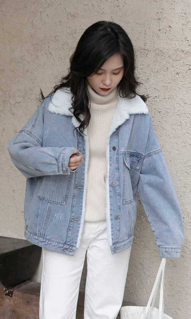 Outerwear Wool Inside Plain Warm Blue Denim Jacket for Women with Fur Plush Woman Jean Coat Winter 2025 Cold Padded Korean Outer