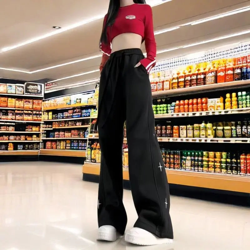 Wide-leg Trousers for Women Spring Summer Loose Thin Style Trendy for Students Petite Casual Sportswear, Straight-leg Pants