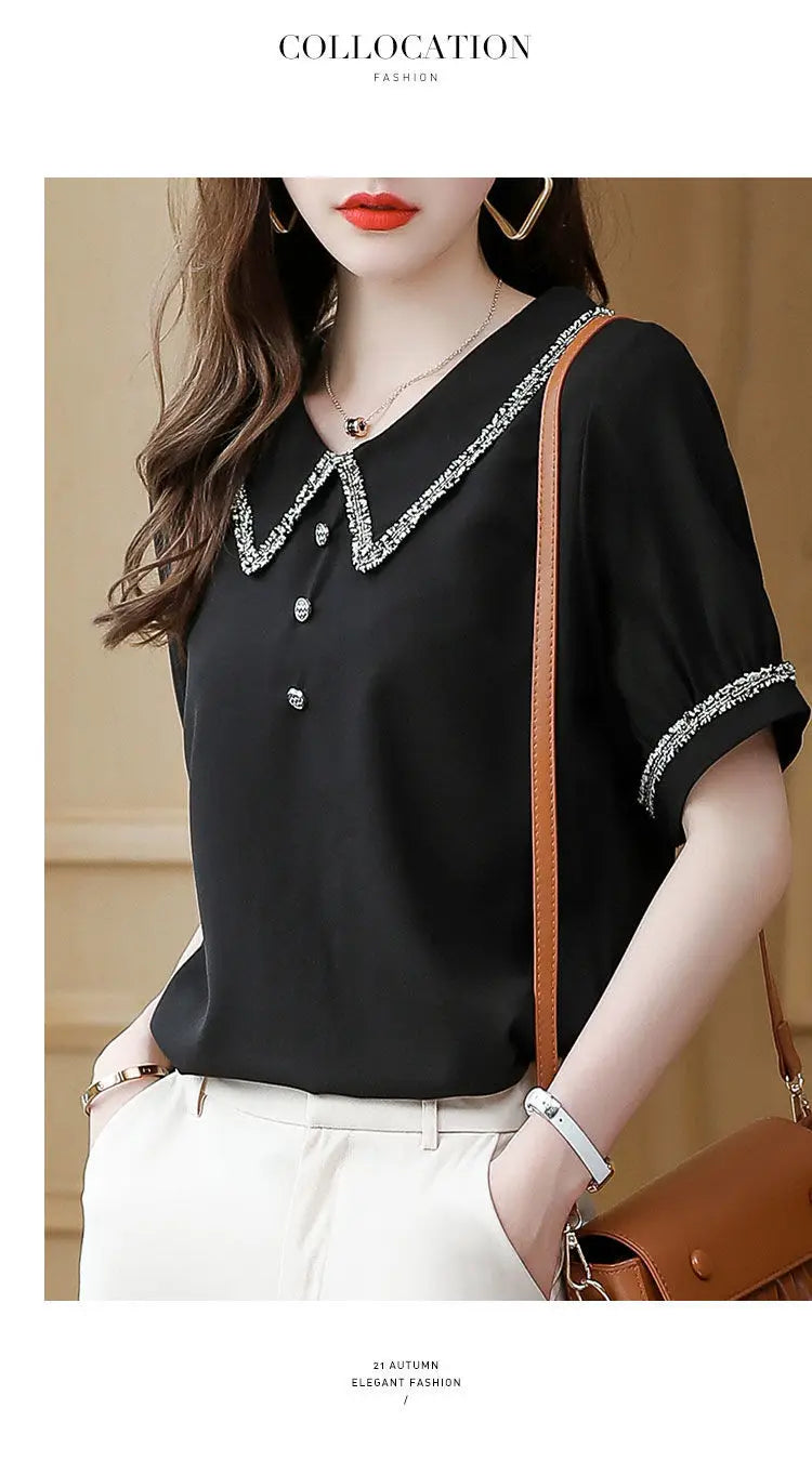 Top for Woman Office Outfits Clothing Black Women's Shirts and Blouses Chiffon Wear To Work Formal Collar Short Sleeve New 2025