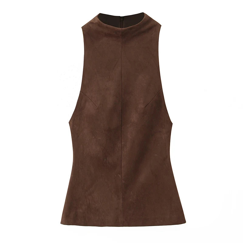 Women Top 2025 New Fashion Suede Short Tops For Women Office Commute Elegant Chic Vest Personality Casual Slim Waistcoat Top