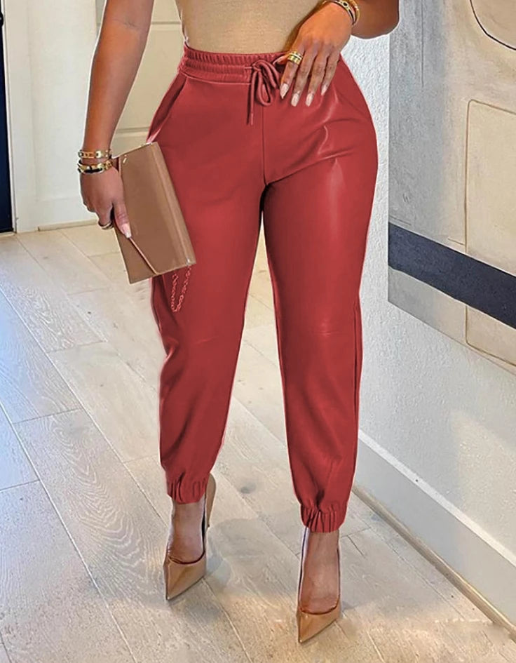 Women's Trousers 2024 Autumn Winter Latest Solid Drawstring Pocket Pu Leather Casual Fashion Bound Foot Leather Pants Long Pants