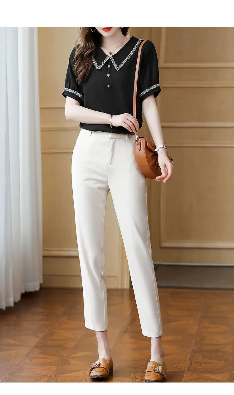 Top for Woman Office Outfits Clothing Black Women's Shirts and Blouses Chiffon Wear To Work Formal Collar Short Sleeve New 2025