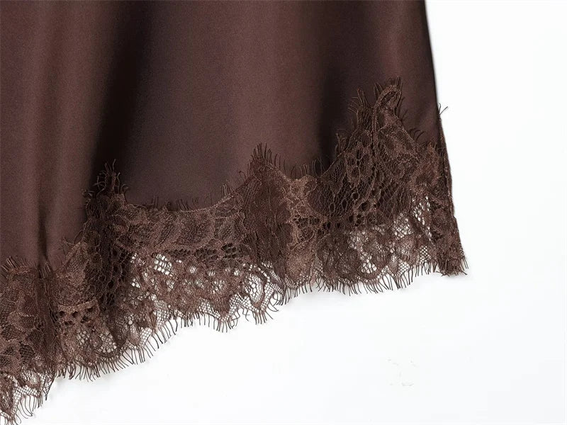 Women’s Skirt 2025 Autumn New Arrival Solid Color Satin Texture Asymmetric Hem Lace Trim Skirt Elegant and Fashionable