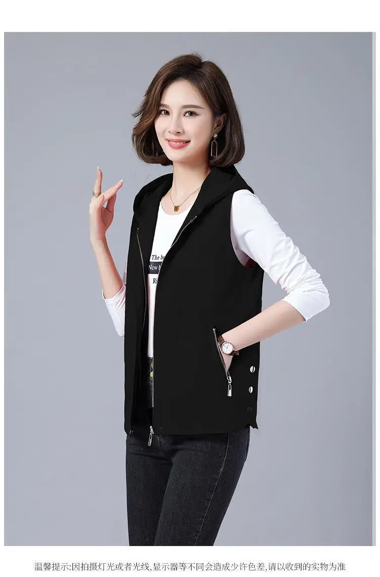 Vest Jacket Women Long Waistcoat Outerwear 2025 New Spring Autumn Middle Aged Loose Sleeveless Hooded Casual Khaki Black Tops