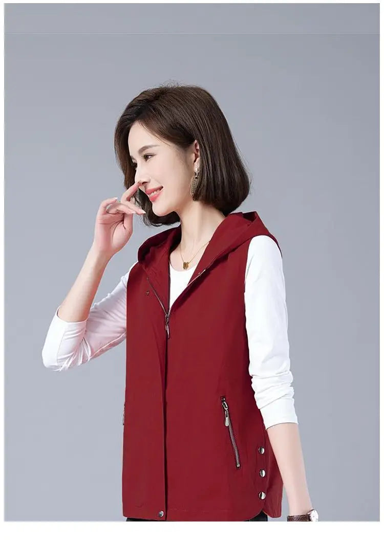 Vest Jacket Women Long Waistcoat Outerwear 2025 New Spring Autumn Middle Aged Loose Sleeveless Hooded Casual Khaki Black Tops