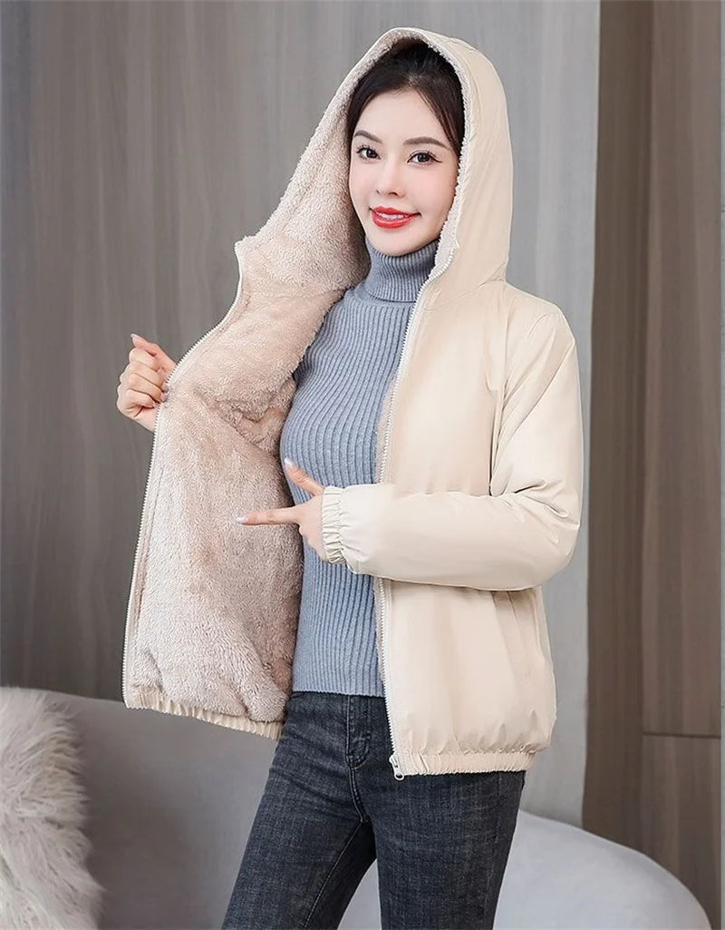 Add Velvet Padded Coat Women 2025 Winter Hooded Outerwear Ladies Warm Cotton-Padded Jacket New Fashion Overcoat Short Female Top