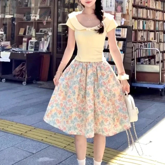 Skirt For Women 2025 Faldas Mujer De Moda Elastic Waist A-line Jupe Vintage Korean Saia Loose Floral Print Sweet Summer Skirts