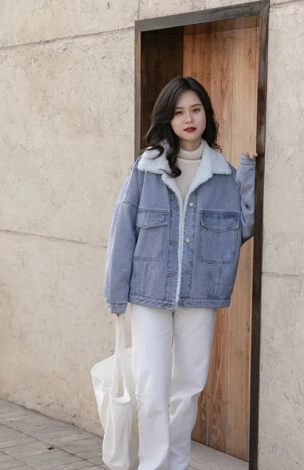 Outerwear Wool Inside Plain Warm Blue Denim Jacket for Women with Fur Plush Woman Jean Coat Winter 2025 Cold Padded Korean Outer