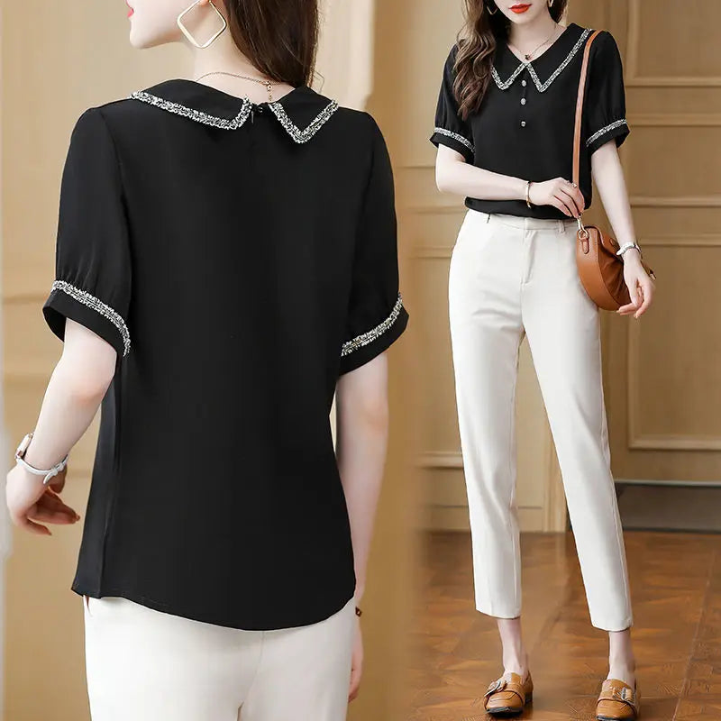 Top for Woman Office Outfits Clothing Black Women's Shirts and Blouses Chiffon Wear To Work Formal Collar Short Sleeve New 2025