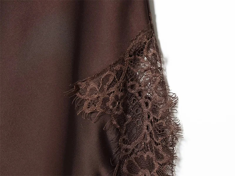 Women’s Skirt 2025 Autumn New Arrival Solid Color Satin Texture Asymmetric Hem Lace Trim Skirt Elegant and Fashionable