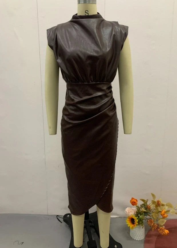 Women's Dress Elegant Party Night Clothing Contrast Lace Sleeveless Pu Leather Bodycon Dress Skinny Formal Occasion Sexy Dresses