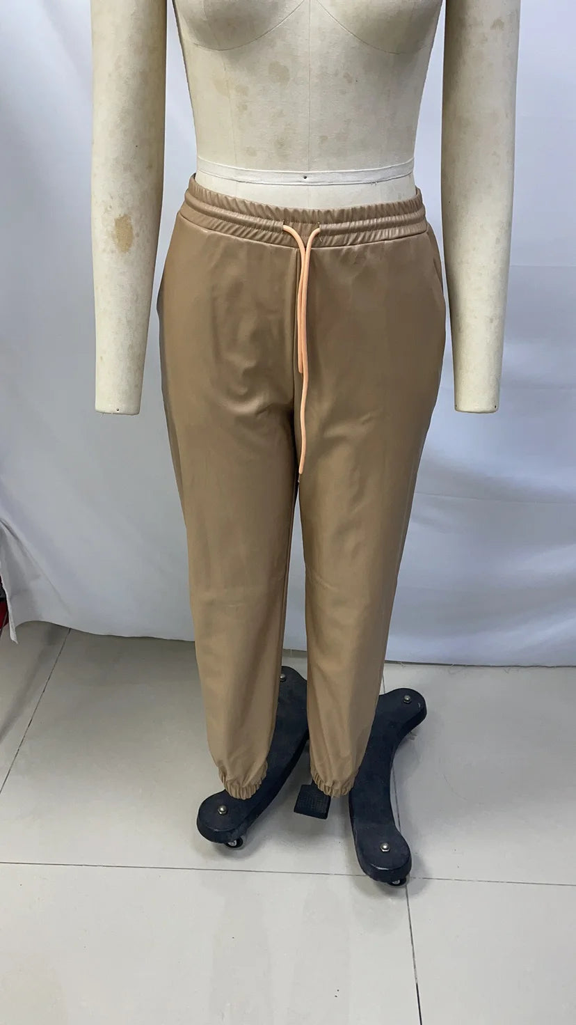 Women's Trousers 2024 Autumn Winter Latest Solid Drawstring Pocket Pu Leather Casual Fashion Bound Foot Leather Pants Long Pants