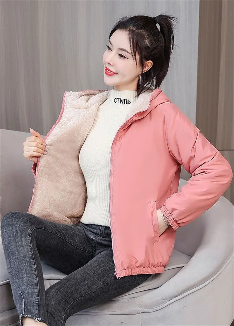 Add Velvet Padded Coat Women 2025 Winter Hooded Outerwear Ladies Warm Cotton-Padded Jacket New Fashion Overcoat Short Female Top