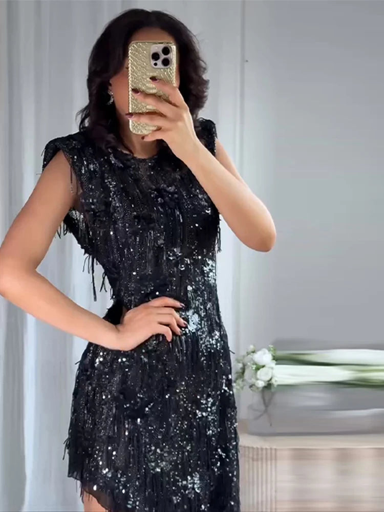 Women's Dresses Female Clothing Evening Dress Sleeveless Sequin Dress Sexy Mini Dresses Fringe Hem Gown Trendy Party Clothes