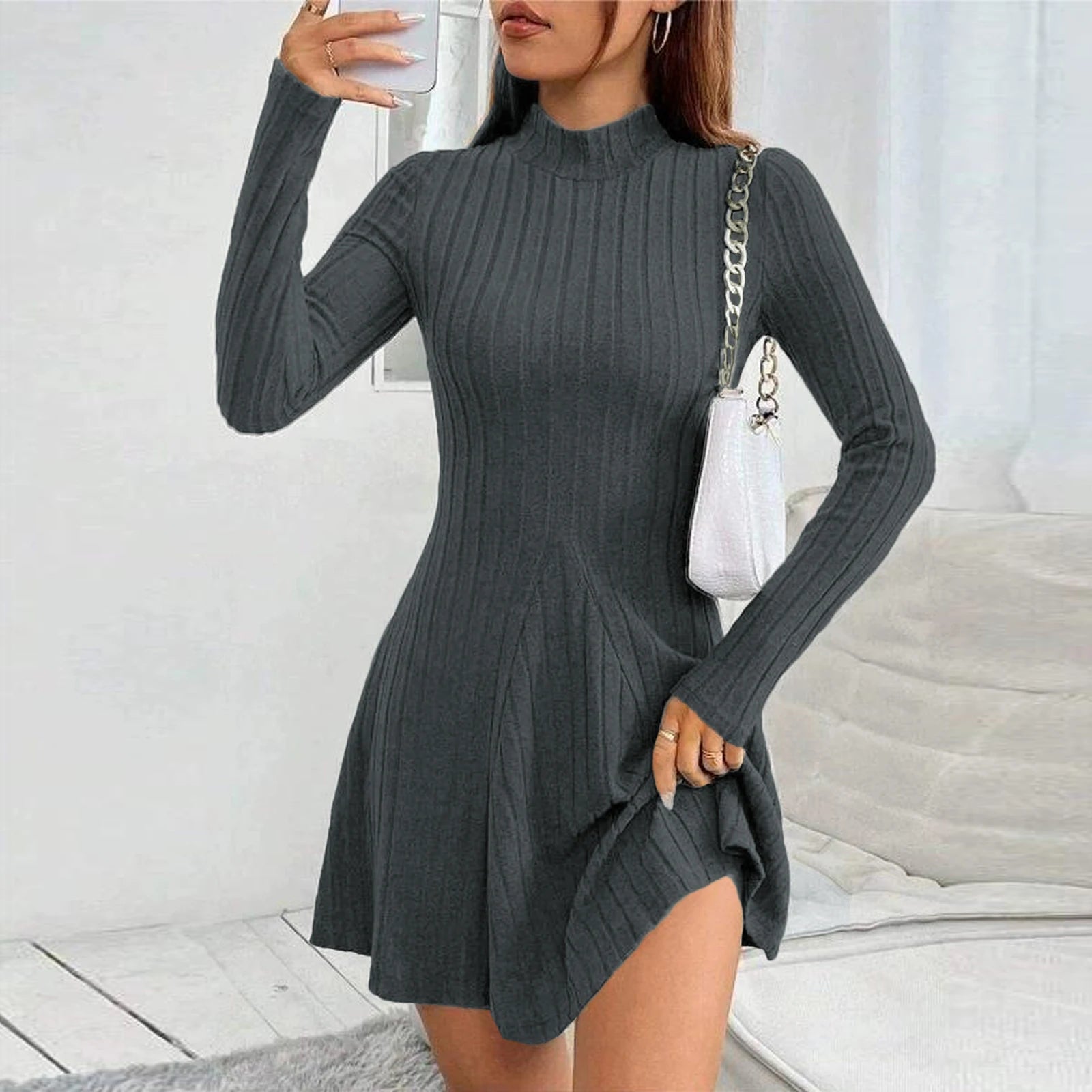 Women's Dresses Fall Winter Simple Solid Color Long Sleeve Mock Neck A Line High Waisted Flare Hem Casual Short Dresses 2025