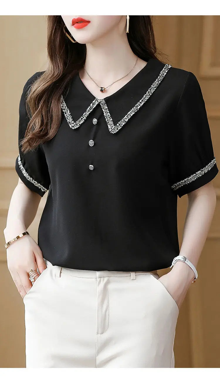 Top for Woman Office Outfits Clothing Black Women's Shirts and Blouses Chiffon Wear To Work Formal Collar Short Sleeve New 2025