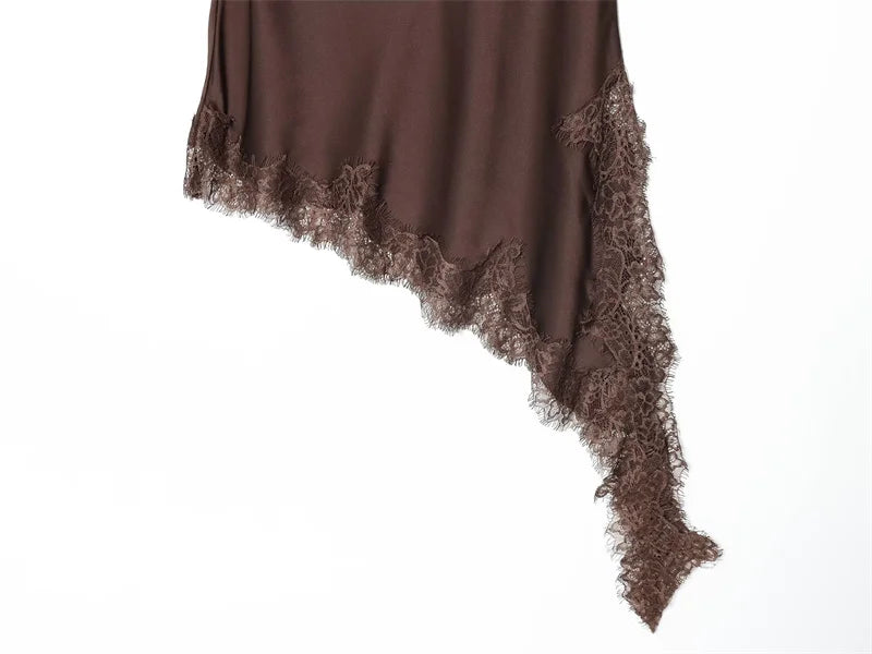 Women’s Skirt 2025 Autumn New Arrival Solid Color Satin Texture Asymmetric Hem Lace Trim Skirt Elegant and Fashionable