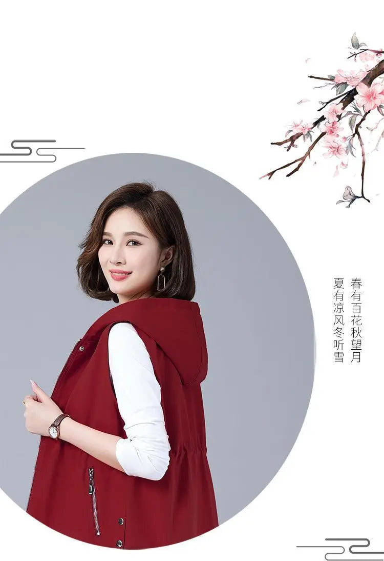 Vest Jacket Women Long Waistcoat Outerwear 2025 New Spring Autumn Middle Aged Loose Sleeveless Hooded Casual Khaki Black Tops