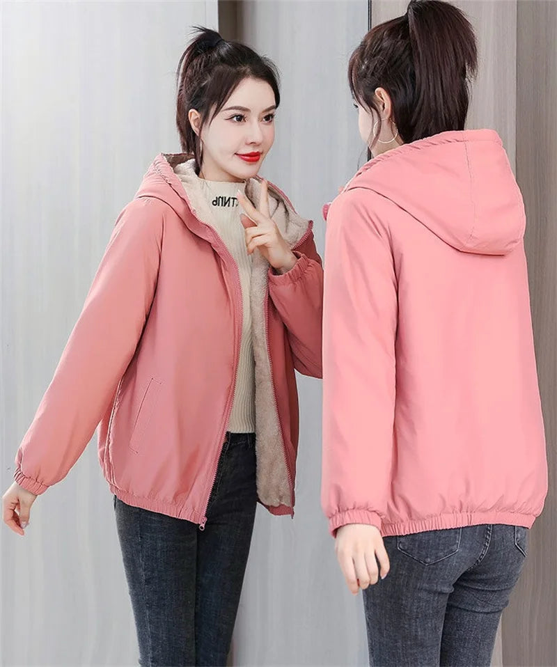 Add Velvet Padded Coat Women 2025 Winter Hooded Outerwear Ladies Warm Cotton-Padded Jacket New Fashion Overcoat Short Female Top