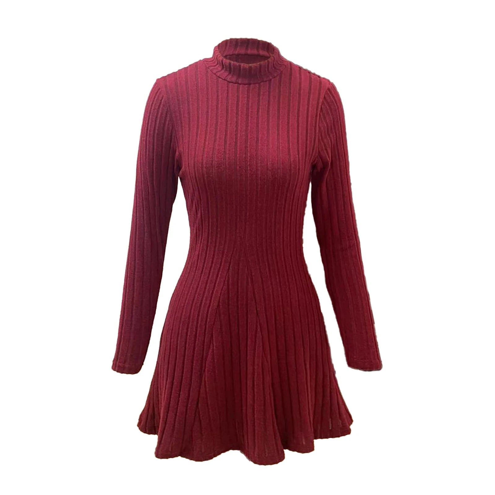 Women's Dresses Fall Winter Simple Solid Color Long Sleeve Mock Neck A Line High Waisted Flare Hem Casual Short Dresses 2025