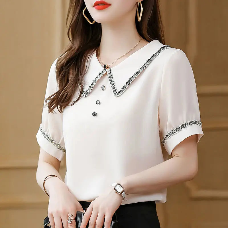 Top for Woman Office Outfits Clothing Black Women's Shirts and Blouses Chiffon Wear To Work Formal Collar Short Sleeve New 2025