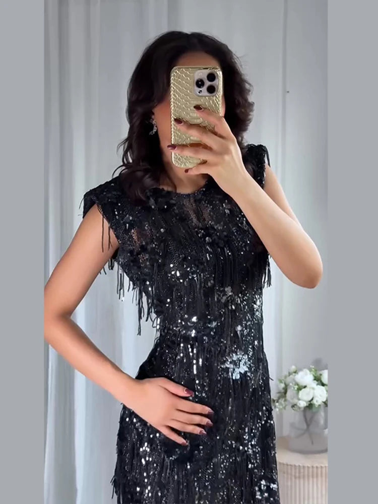 Women's Dresses Female Clothing Evening Dress Sleeveless Sequin Dress Sexy Mini Dresses Fringe Hem Gown Trendy Party Clothes