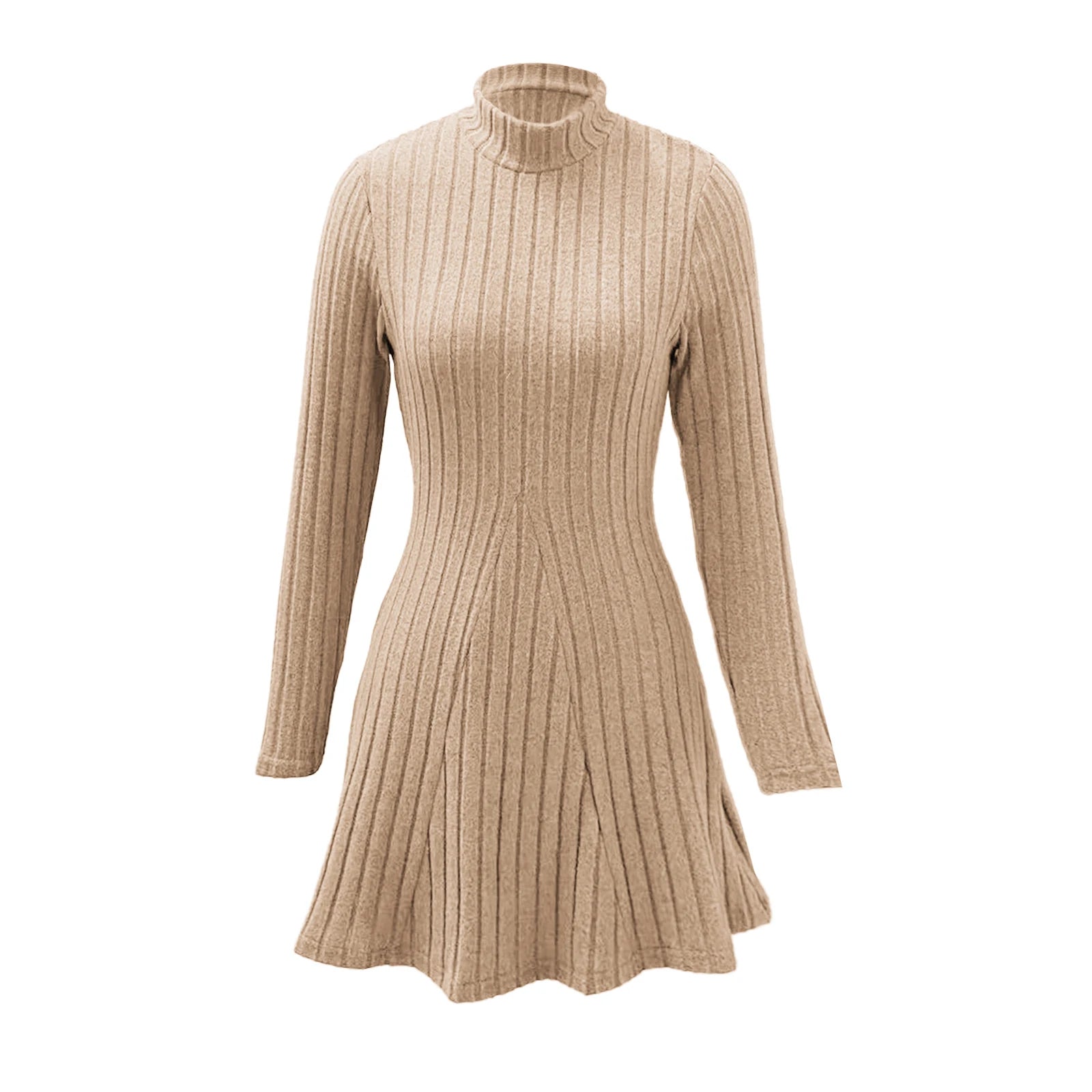 Women's Dresses Fall Winter Simple Solid Color Long Sleeve Mock Neck A Line High Waisted Flare Hem Casual Short Dresses 2025