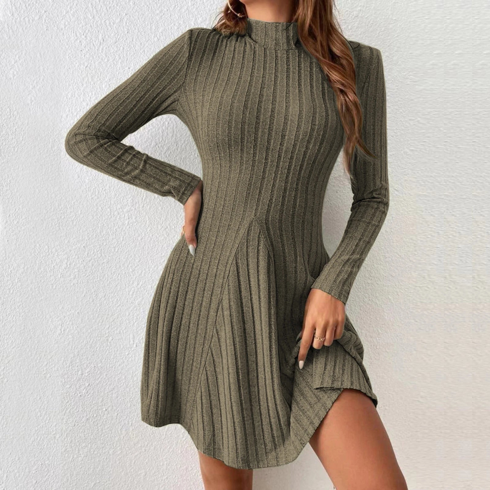 Women's Dresses Fall Winter Simple Solid Color Long Sleeve Mock Neck A Line High Waisted Flare Hem Casual Short Dresses 2025