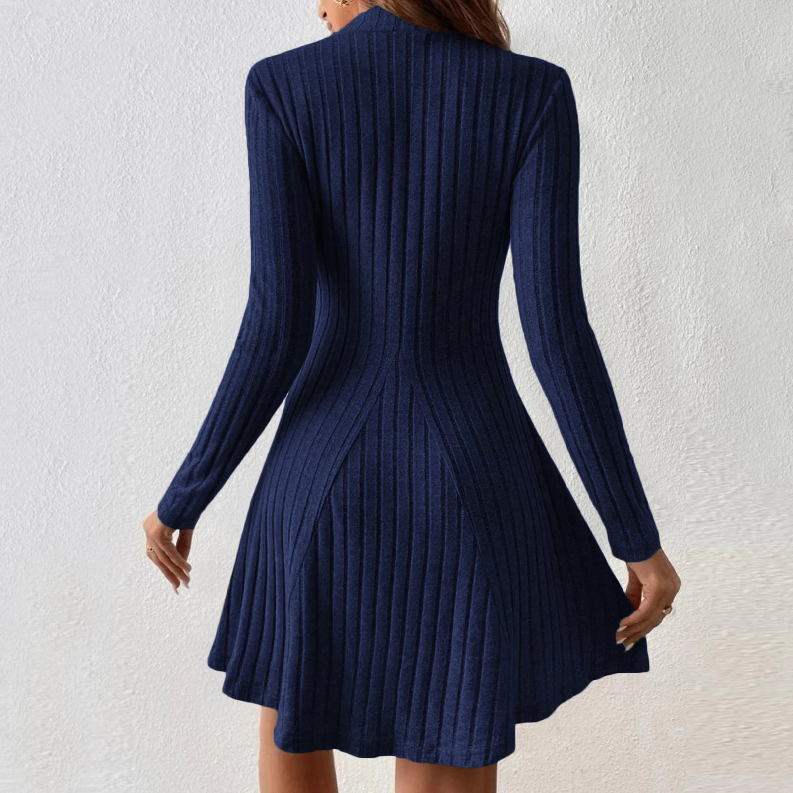 Women's Dresses Fall Winter Simple Solid Color Long Sleeve Mock Neck A Line High Waisted Flare Hem Casual Short Dresses 2025
