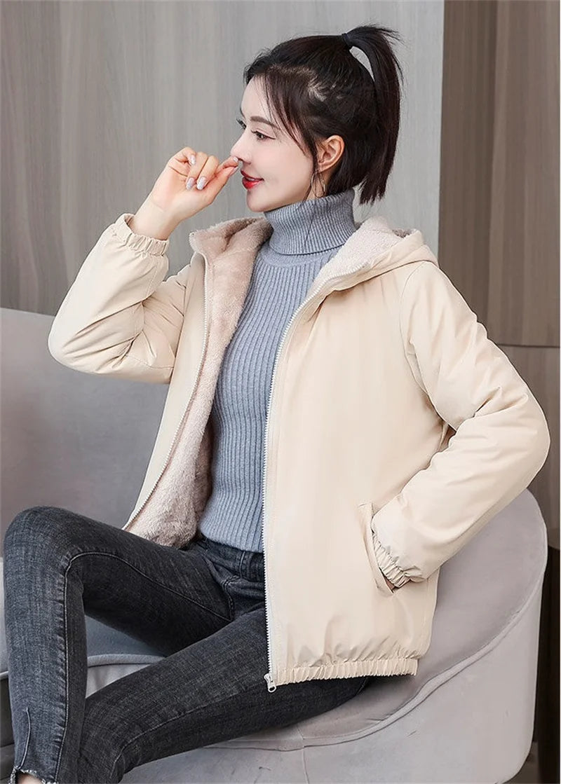 Add Velvet Padded Coat Women 2025 Winter Hooded Outerwear Ladies Warm Cotton-Padded Jacket New Fashion Overcoat Short Female Top