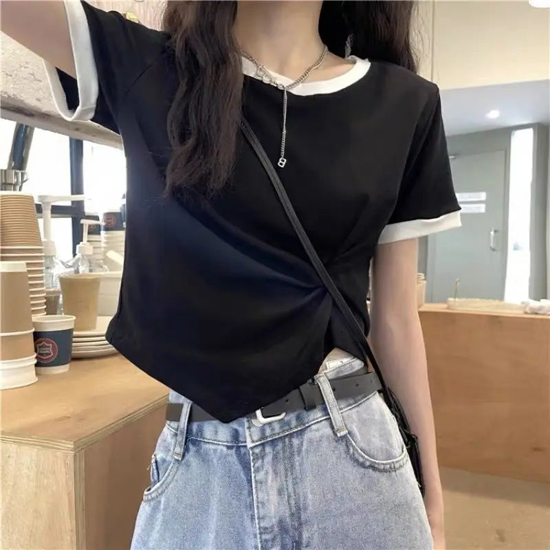 Women's Tops Trendy French Niche Girls T-shirts Chic Irregular Splicing Contrasting Colors Korean Style Modification Ins Style