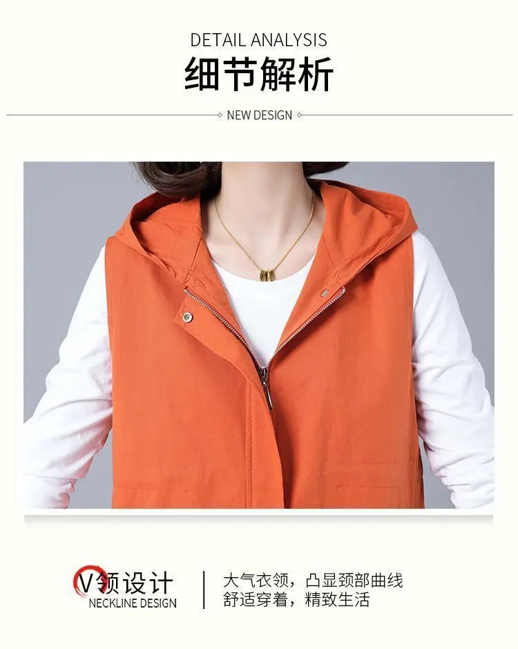 Vest Jacket Women Long Waistcoat Outerwear 2025 New Spring Autumn Middle Aged Loose Sleeveless Hooded Casual Khaki Black Tops