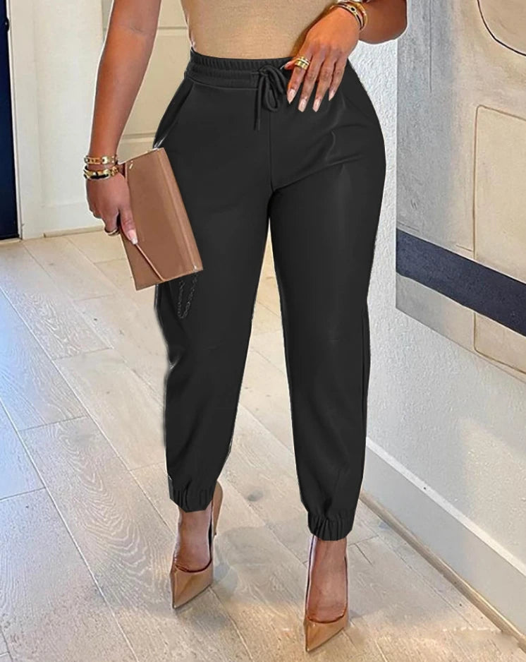 Women's Trousers 2024 Autumn Winter Latest Solid Drawstring Pocket Pu Leather Casual Fashion Bound Foot Leather Pants Long Pants