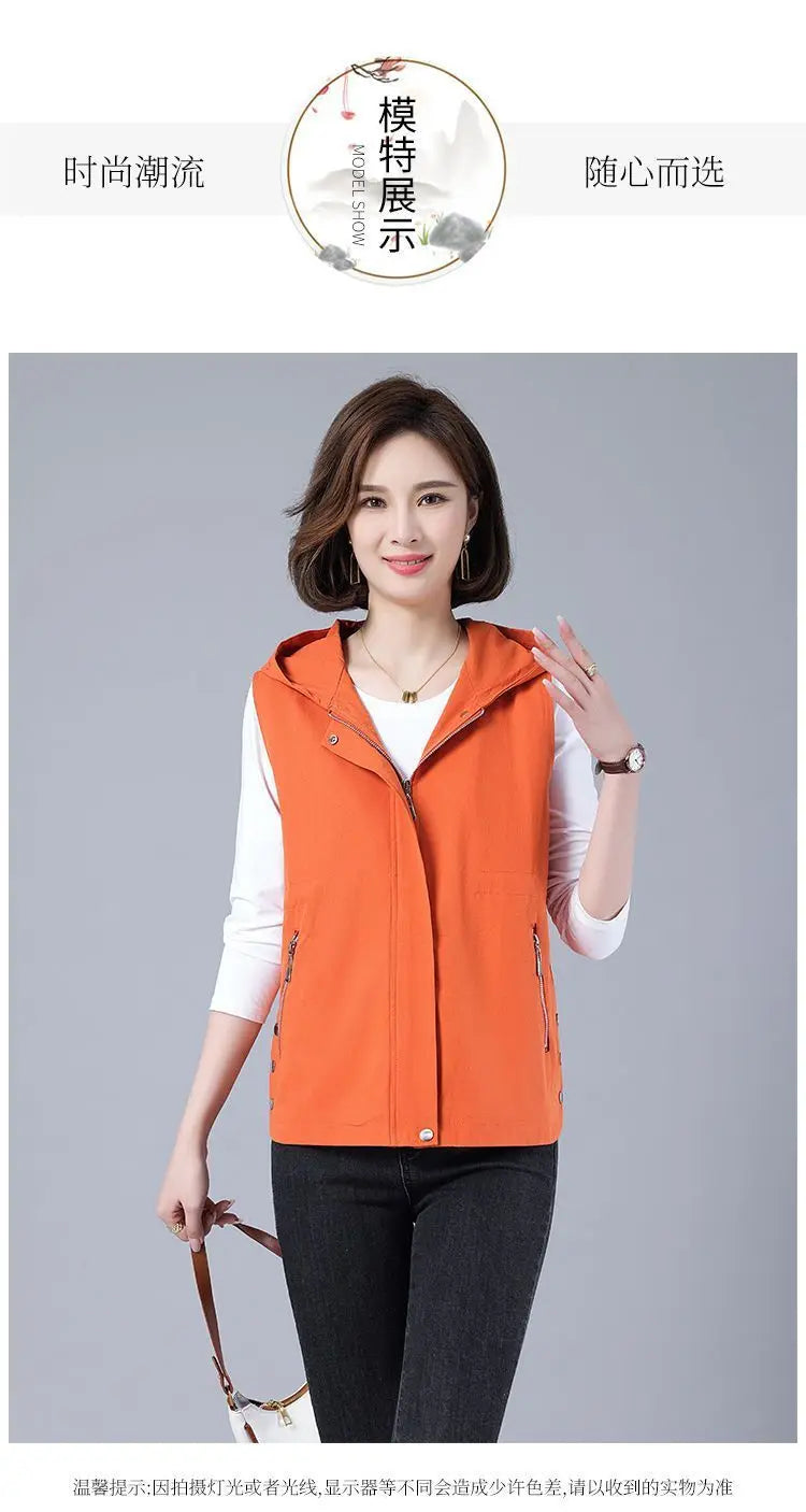 Vest Jacket Women Long Waistcoat Outerwear 2025 New Spring Autumn Middle Aged Loose Sleeveless Hooded Casual Khaki Black Tops