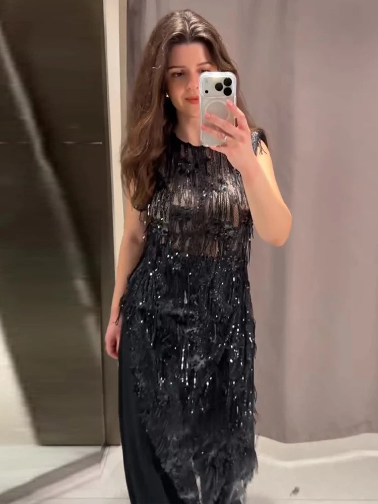 Women's Dresses Female Clothing Evening Dress Sleeveless Sequin Dress Sexy Mini Dresses Fringe Hem Gown Trendy Party Clothes