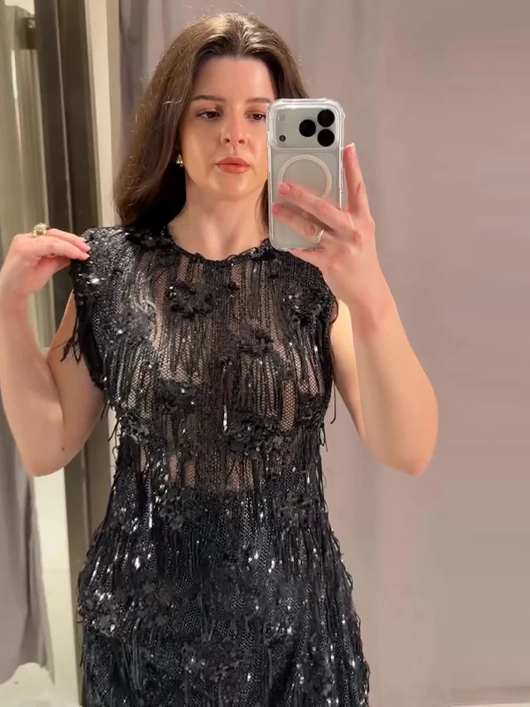 Women's Dresses Female Clothing Evening Dress Sleeveless Sequin Dress Sexy Mini Dresses Fringe Hem Gown Trendy Party Clothes
