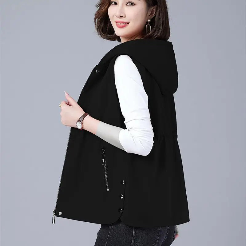 Vest Jacket Women Long Waistcoat Outerwear 2025 New Spring Autumn Middle Aged Loose Sleeveless Hooded Casual Khaki Black Tops
