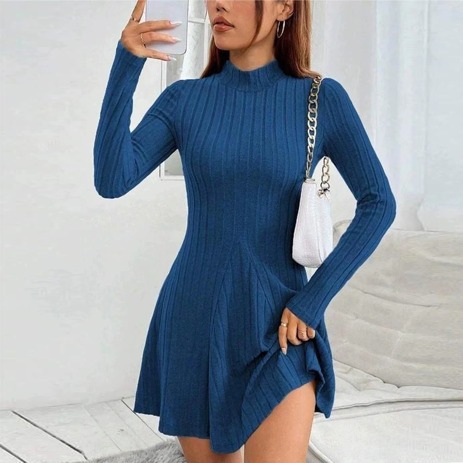 Women's Dresses Fall Winter Simple Solid Color Long Sleeve Mock Neck A Line High Waisted Flare Hem Casual Short Dresses 2025