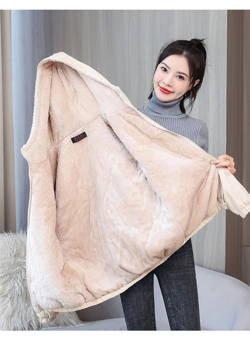 Add Velvet Padded Coat Women 2025 Winter Hooded Outerwear Ladies Warm Cotton-Padded Jacket New Fashion Overcoat Short Female Top